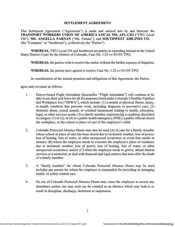 Settlement Agreement - Federal District of Colorado Case No. 125-cv-0119