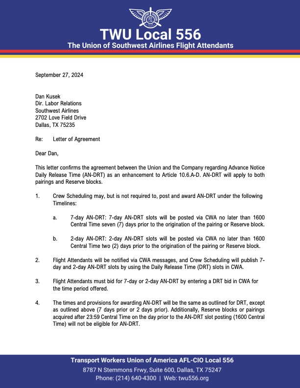 Letter of Agreement AN-DRT